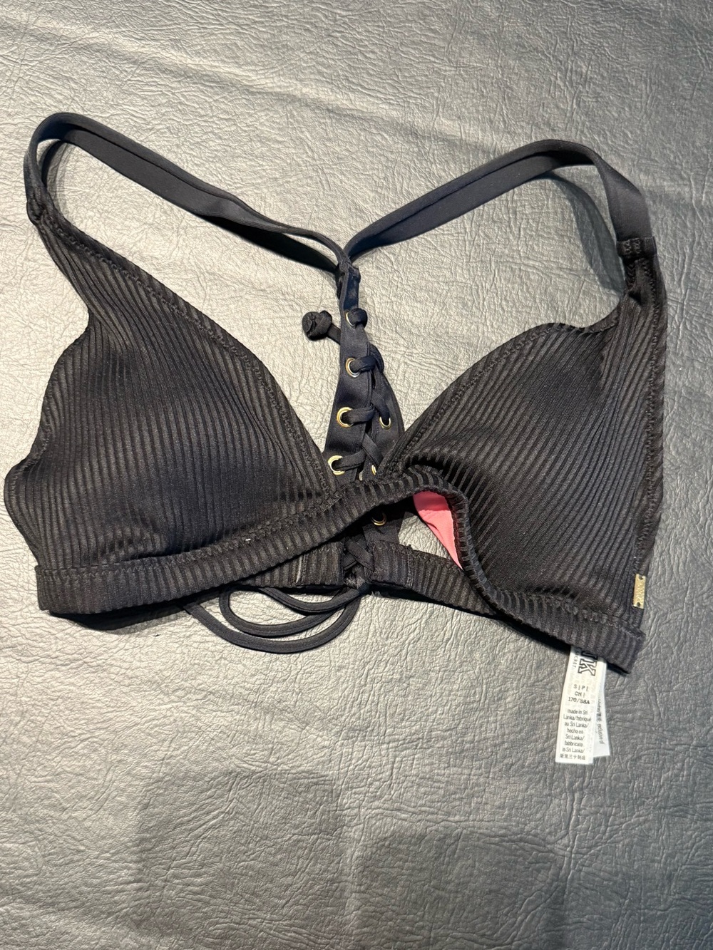 Pink Back Black Lace-Up Bralette Small